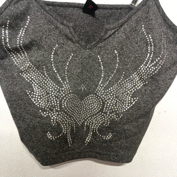 Rhinestone Spaghetti Strap Crop Top ROMWE SZ 6 Charcoal Heathered Gray - Picture 3 of 5